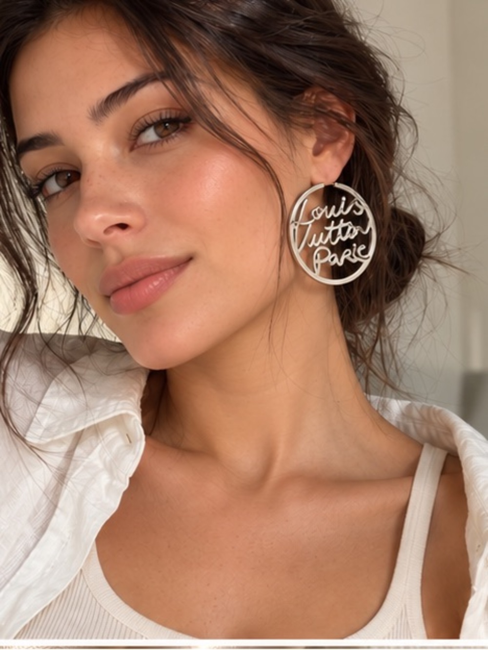 Designer Inspired Silver Tone Script Cutout Statement Hoop Earring